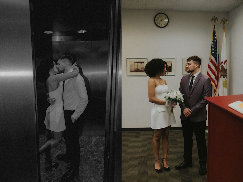 Bride and groom kiss in an elevator in black and white portraits.