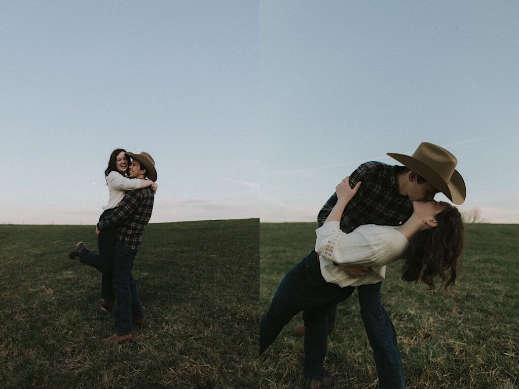 Man in plaid shirt and cowboy hat dips his fiancée for a kiss on a grassy plain at dusk for romantic farm engagement photos in Central Illinois 