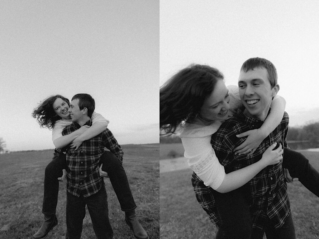 Girl rides piggy back on her fiancé while her hair flies in the wind and they look at each other smiling. 