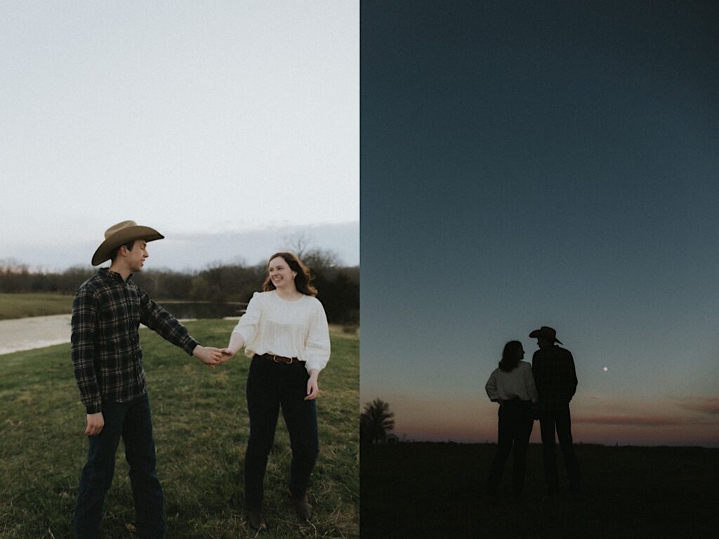 Couple stares at the moon at sunset and you can only see their silhouette for romantic cinematic portraits taken by Central Illinois Engagement photographer. 