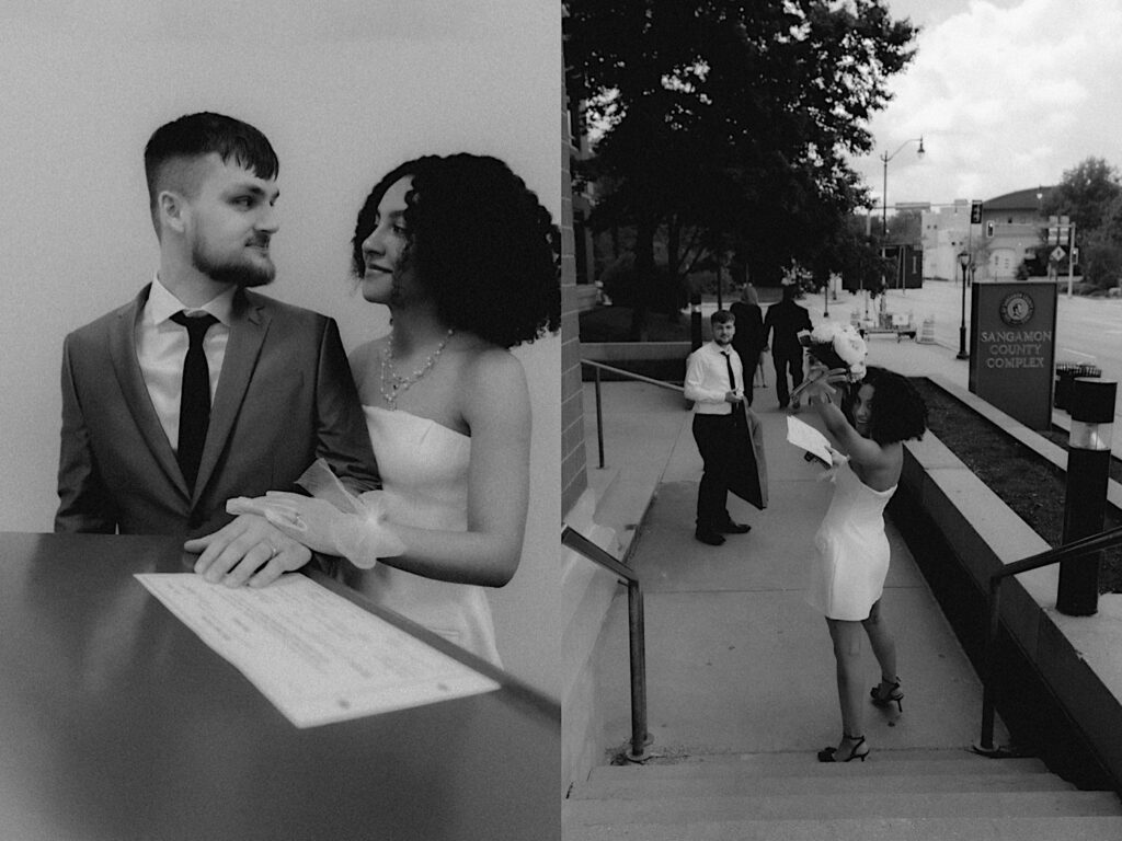 Bride and groom pose with their hands on their marriage license and look at each other during elopement ceremony. 