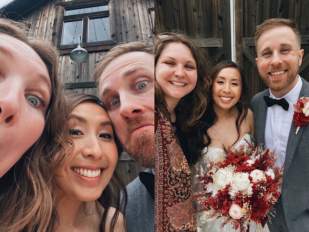 Bride and groom lean in for a selfie with their midwest wedding photographer before their wedding ceremony at Kennedy Estate in Lizton, Indiana.