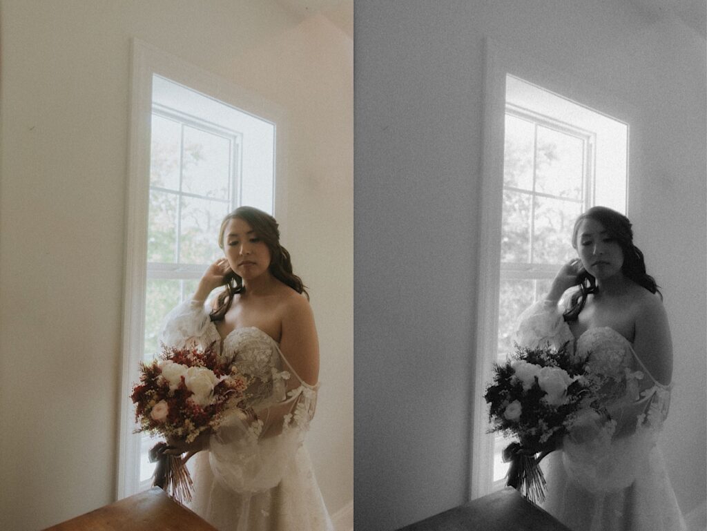 Bride tucks her hair behind her ears as she poses for midwest wedding photographer for bridal portraits. 