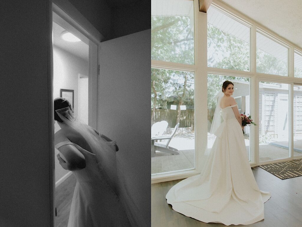 Bride poses in her long white dress and veil in room while getting ready before intimate ceremony in Central Illinois. 