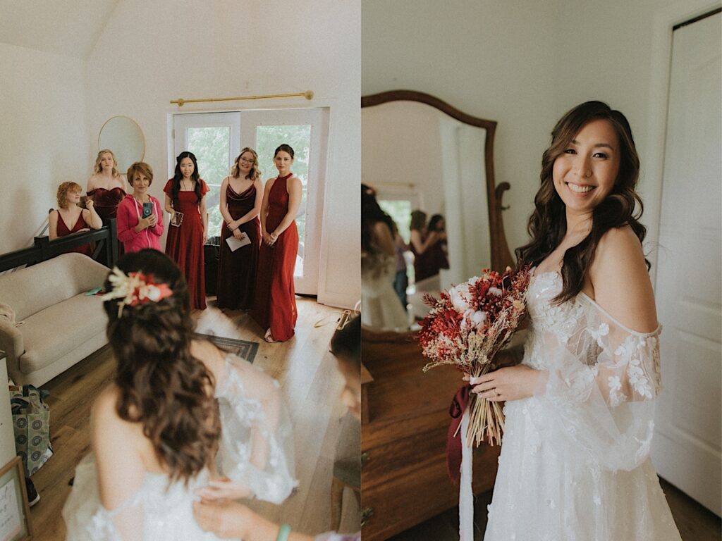 Bride holds a bouquet of dried red flowers as she smiles while getting ready for wedding ceremony. 