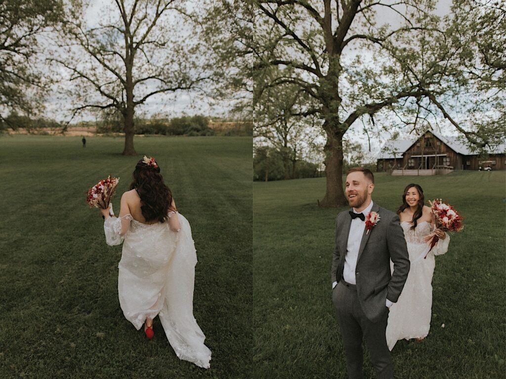 Bride walks across grass field at Kennedy Estate in Lizton, Indiana towards groom for their first look while she holds a dried bouquet of red flowers. 