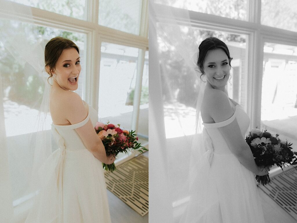 Bride looks over her shoulder and smiles while holding colorful pink bouquet before wedding ceremony. 