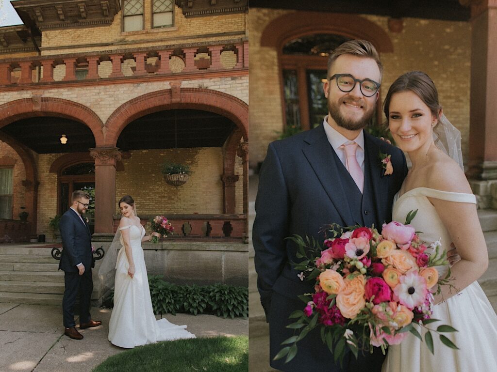 Bride and Groom stand together and smile at the camera holding brightly colored pink and peach bouquet outside of Reality on Monroe wedding venue in Central Illinois. 