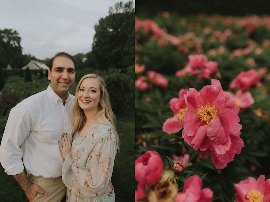 Photographer captures a tight shot of a beautiful pink flower amongst a bushel of unfocused pink flowers slightly wet with rain. 