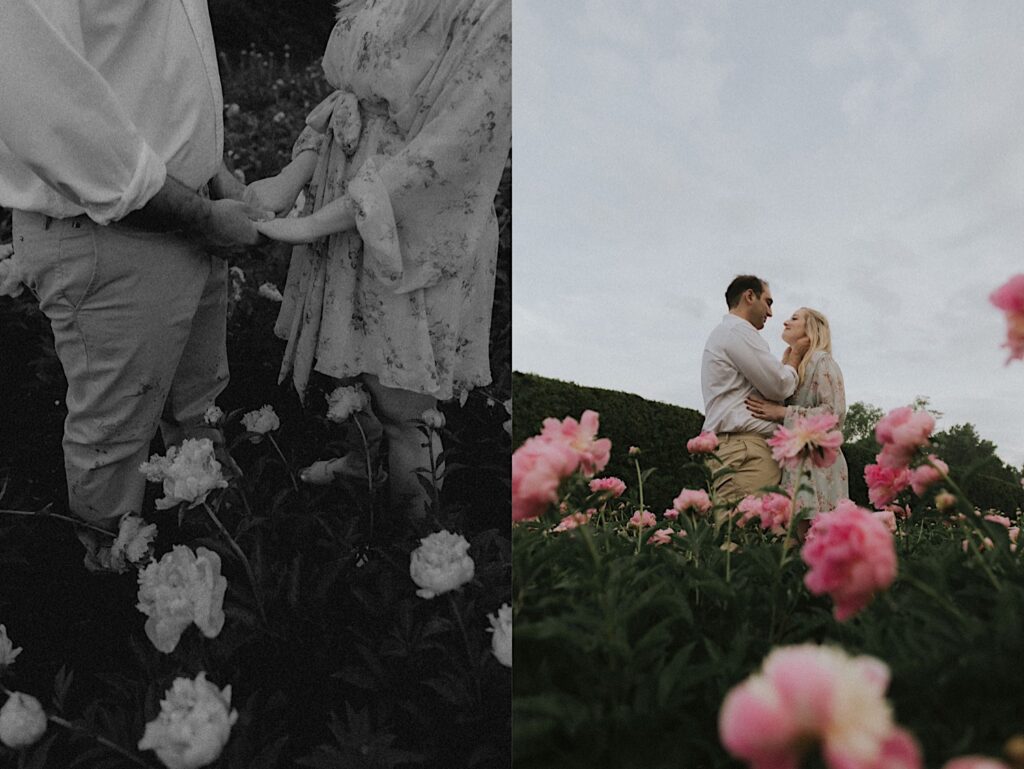 Illinois Engagement photographer captures couple holding each other from below, pink flowers in the center of focus. 