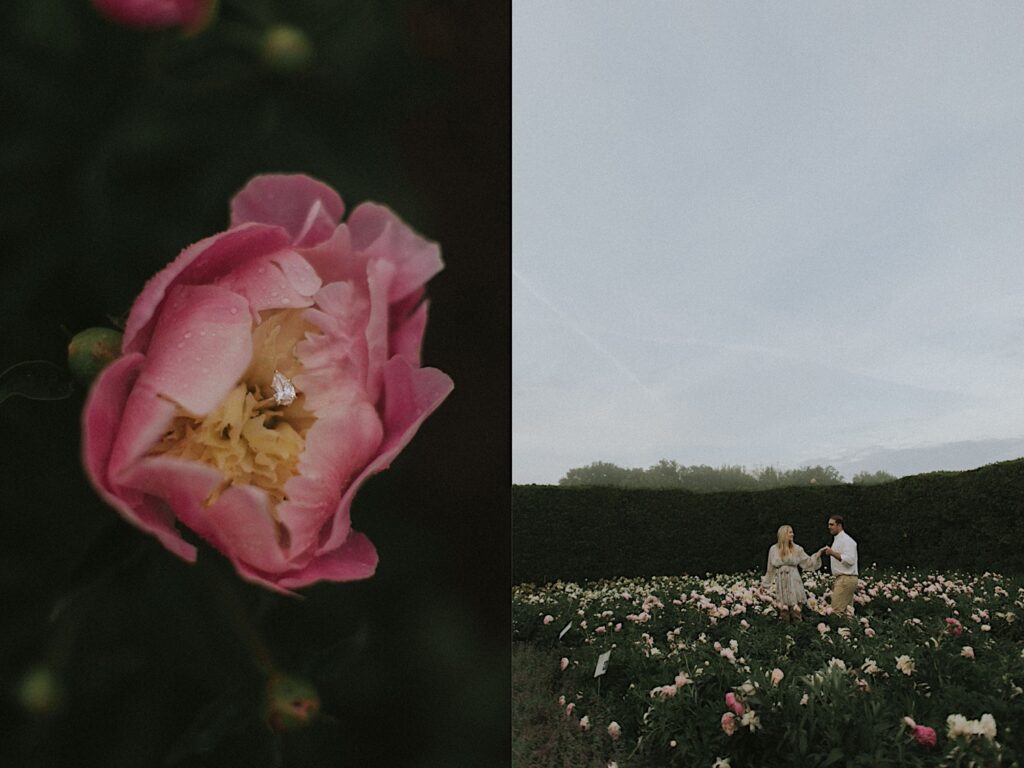 Princess Cut engagement ring lays in the center of a pink peony.