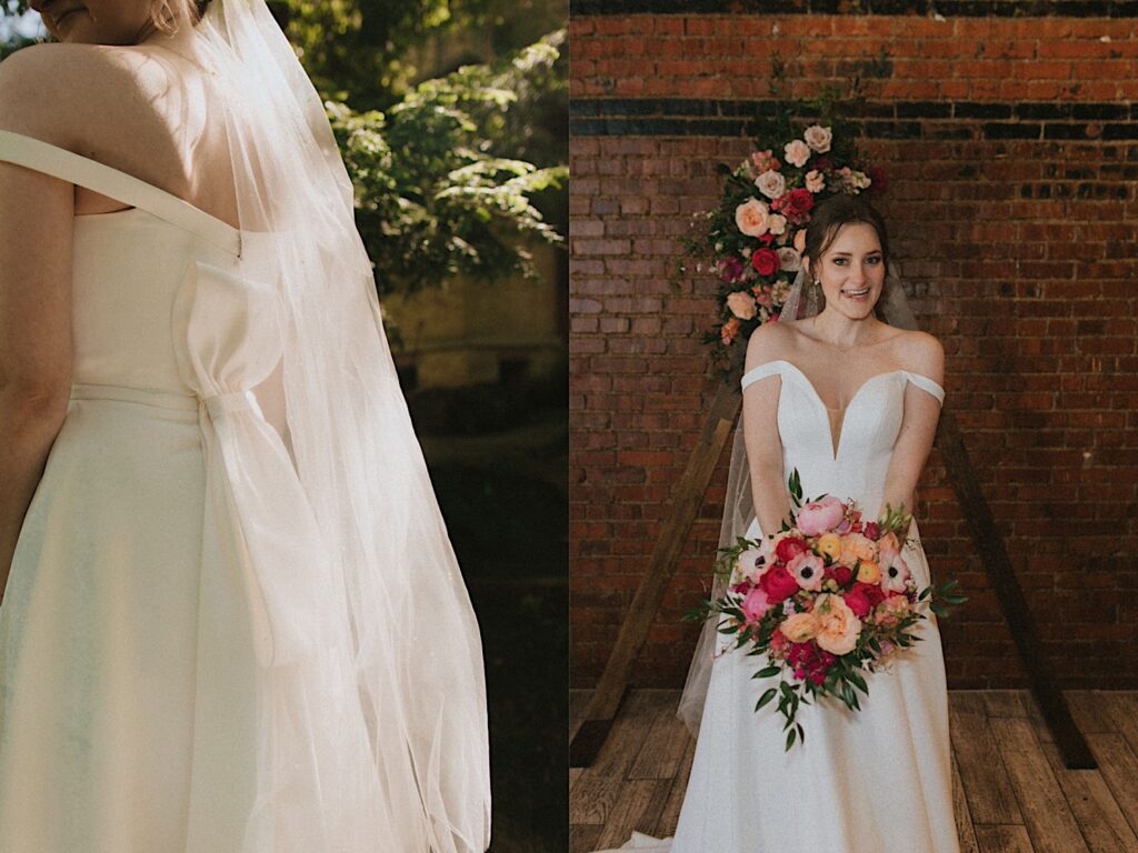 Bride holds peach and pink flower bouquet and smiles with her tongue out in front of triangle floral arch in ceremony room of Reality on Monroe. 