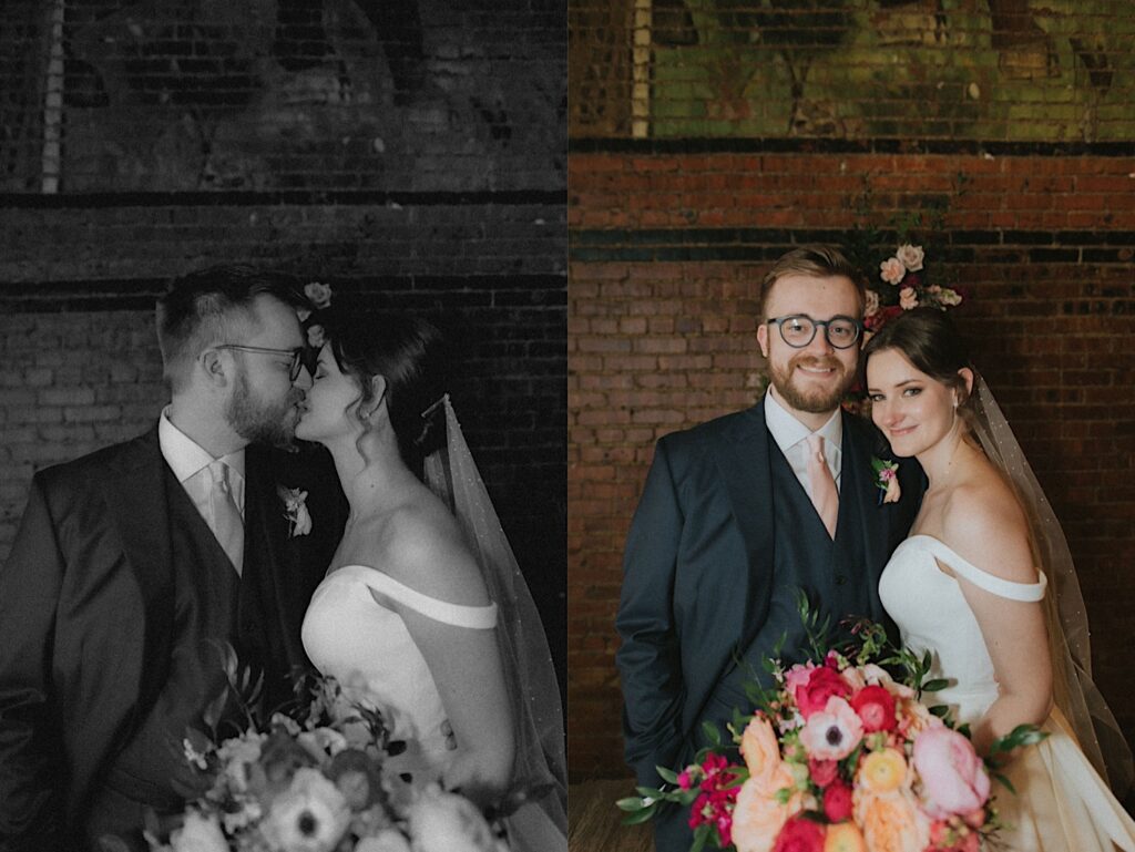 Bride and groom kiss in front of beautiful brick wall in timeless black and white portraits by Central Illinois wedding photographer. 