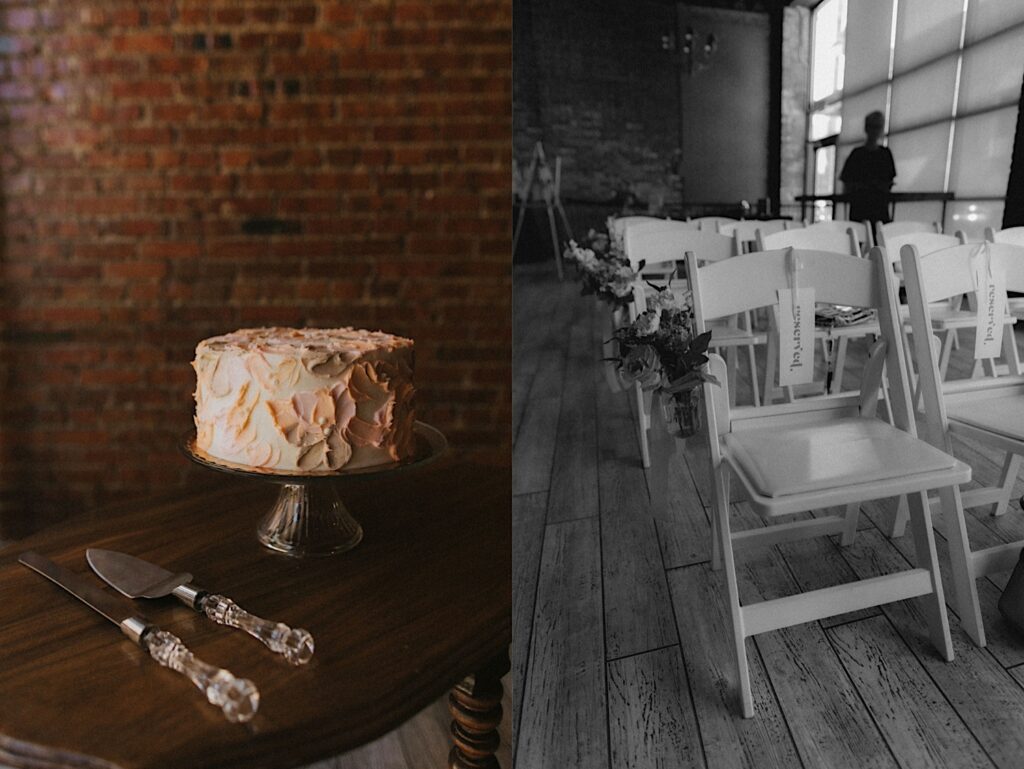 A beautiful cake with abstract peach flowers sits on a crystal cake plate on a wooden table with crystal cake knives sitting next to the plate. 