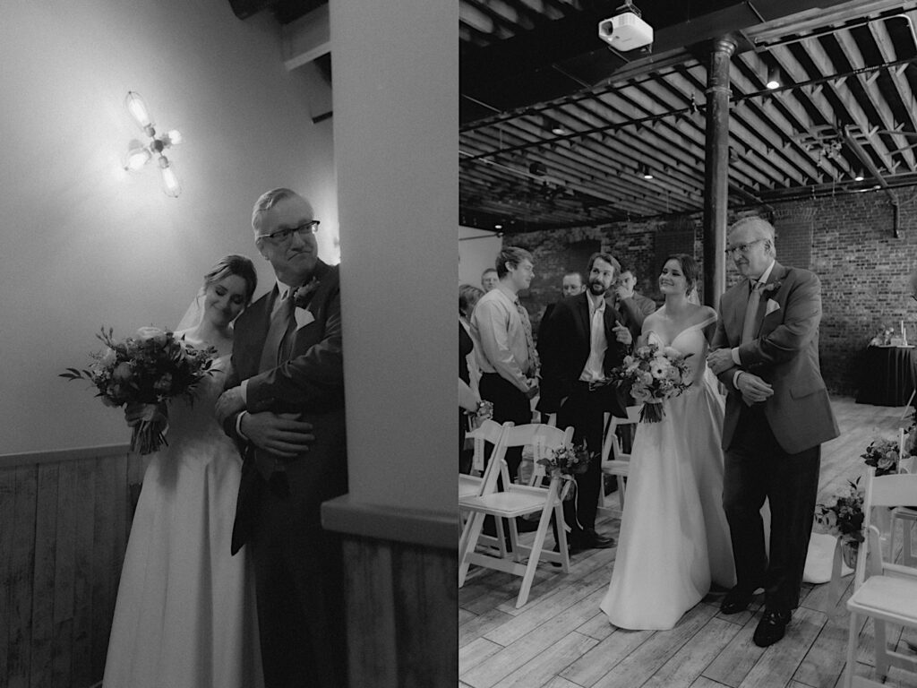 Bride's dad walks her down the aisle in Reality on Monroe's Ceremony room as guests stand from their chairs around them. 