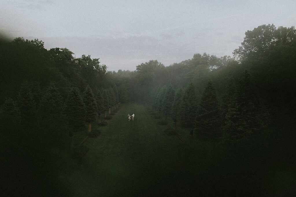 Cinematic portrait of couple running through open grass surrounded on both sides by lines of trees with hazy fog surrounding them. 