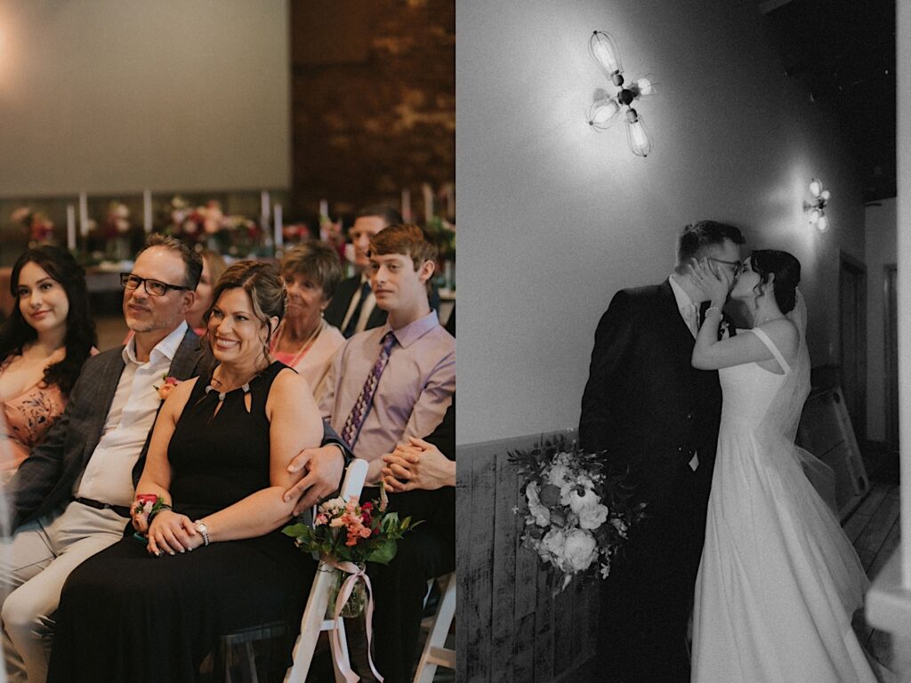 Groom's family sits on white chairs with flowers tied to the side in the front row and smiles during ceremony  at Reality on Monroe in Central Illinois. 