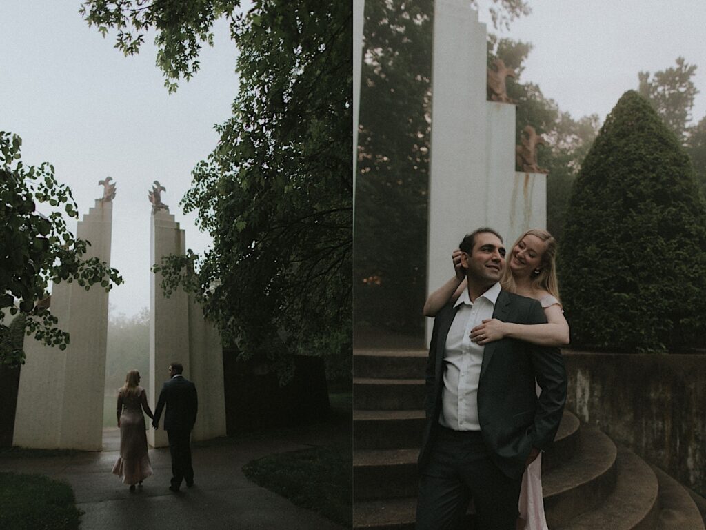 Couple walks on sidewalk towards beautiful white towered sculpture in Allerton Park during engagement portraits. 