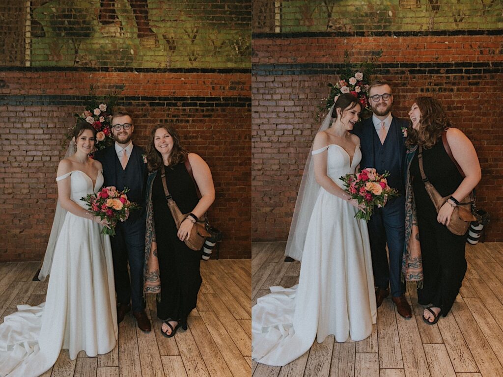 Bride and Groom pose next to Central Illinois wedding photographer after wedding ceremony at Reality on Monroe. 