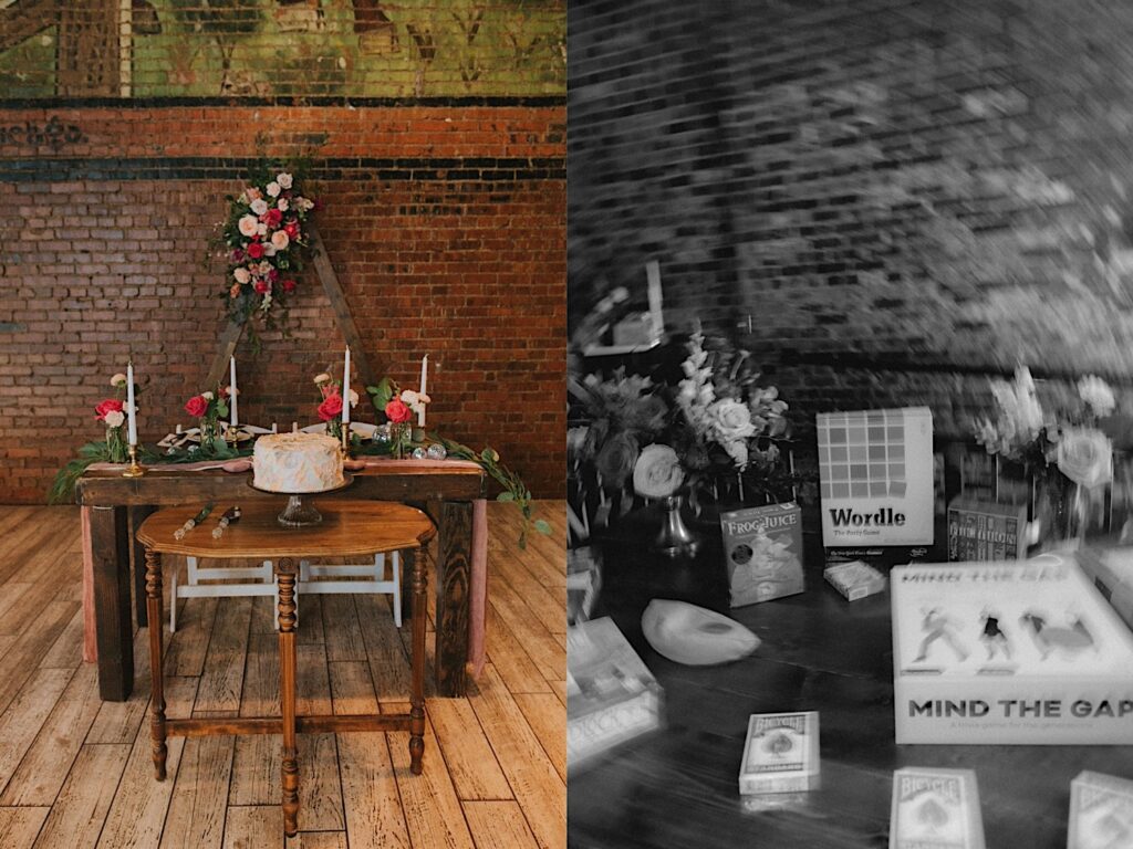 Table at reception is set with flowers in vases and board games including Wordle, Mind the Gap and cards. 