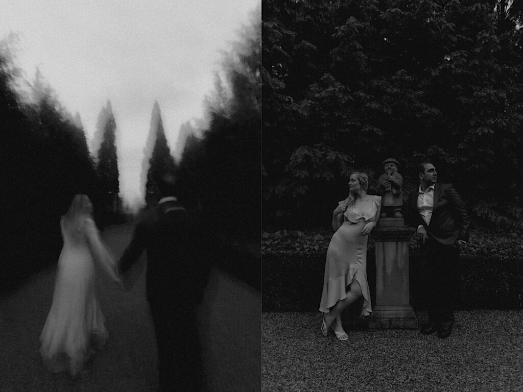 Black and White photo of Couple standing on either side of statue and look opposite ways as they pose for engagement portraits in Allerton Park. 