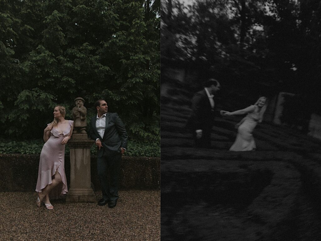 Couple stands on either side of statue and look opposite ways as they pose for engagement portraits in Allerton Park. 