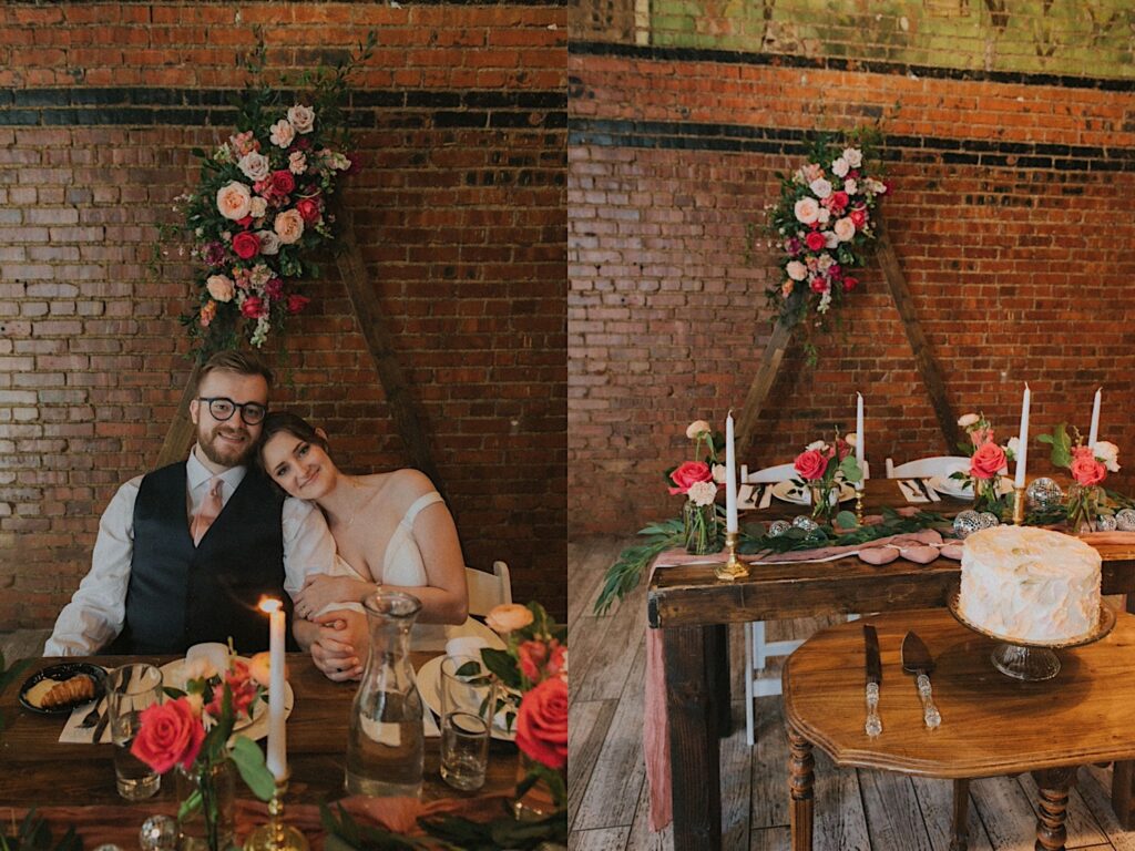 Bride lays her head on groom's shoulders as they sit at the head table during dinner at Reality on Monroe wedding venue. 