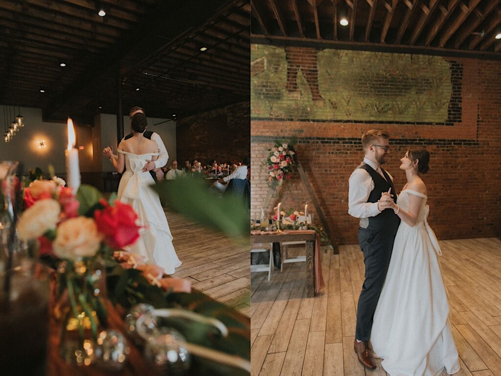 Bride and Groom dance in center floor in industrial room at Reality on Monroe during wedding reception. 