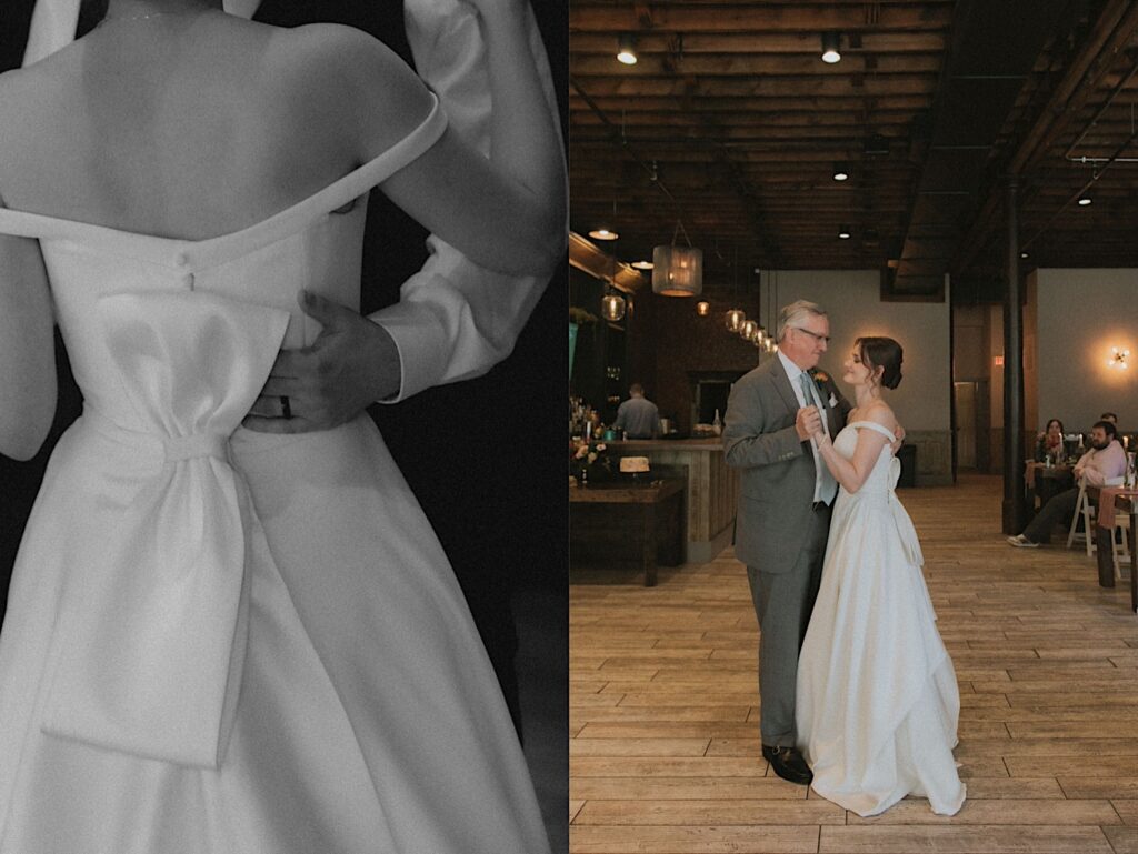 Central Illinois wedding photographer captures detail shot of Groom's hand holding the back of bride's back with a large on bow on the back of her dress. 