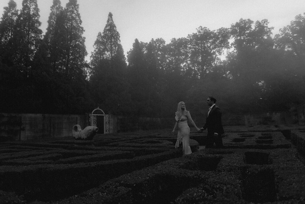 Couple walks through Allerton Park's hedge maze in romantic black and white engagement portrait. 