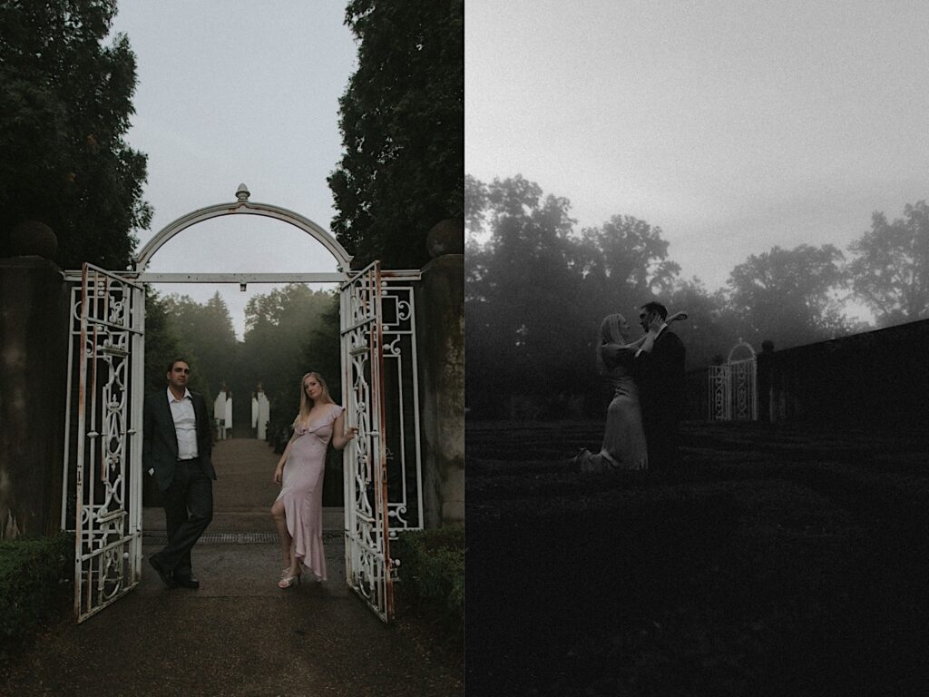 Couple stands in front of iron gated entrance to Allerton Park surrounded by fog and green trees. 