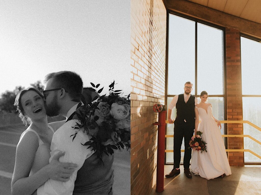 Groom kisses bride as they hug and she puts her bouquet around his neck as they stand on rooftop of Reality on Monroe. 