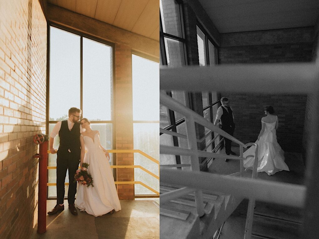 Bride and Groom stand on the top floor of stair well to the rooftop of Reality on Monroe with golden hour sun shining behind them through large windows. 