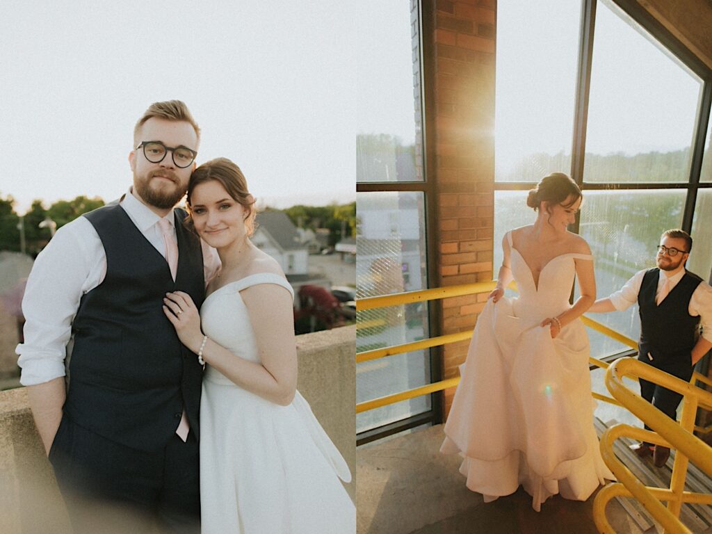 Groom walks behind bride as they walk up stairwell to roof of Reality on Monroe. 