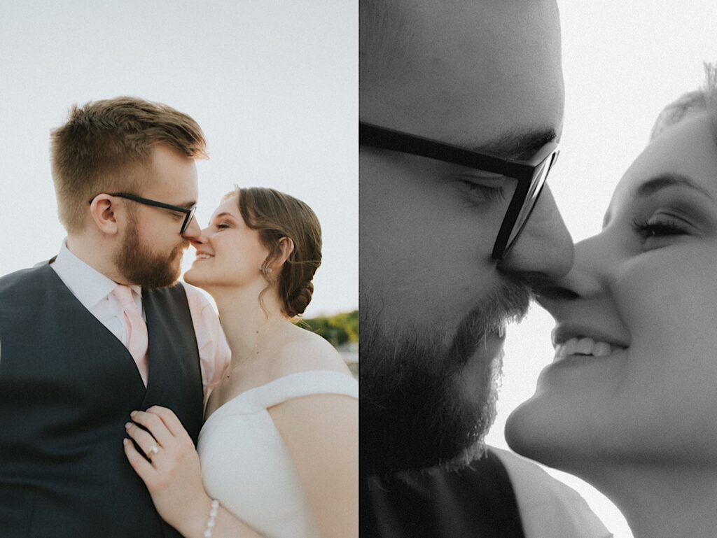 Central Illinois wedding photographer captures a close of bride and groom's faces as they lean in for a kiss during wedding portraits. 