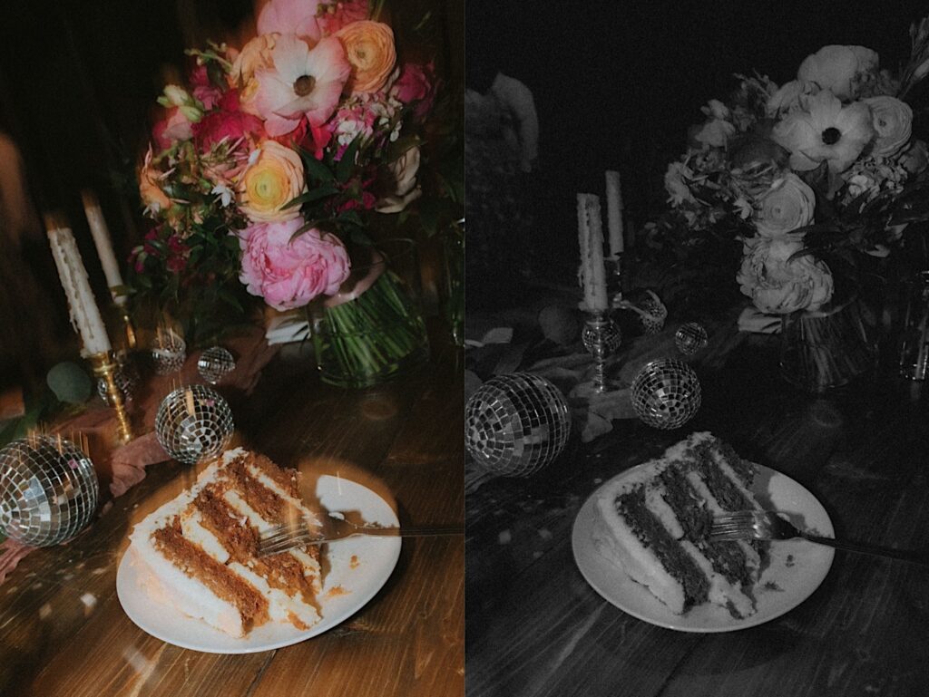 Central Illinois wedding photographer captures a piece of cake on a plate on a table with disco balls and vase of flowers surrounding it. 