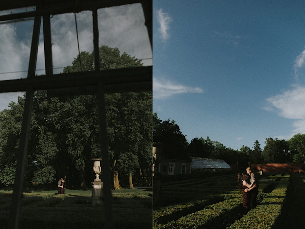 2 photos side by side of a couple in Allerton Park embracing in the gardens during their engagement photos