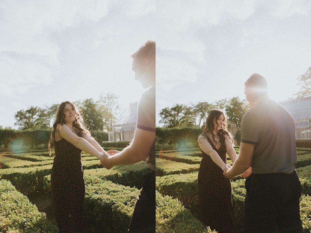 2 photos side by side of a woman smiling at a man as they hold hands in the gardens of Allerton Park while the sun shines behind them