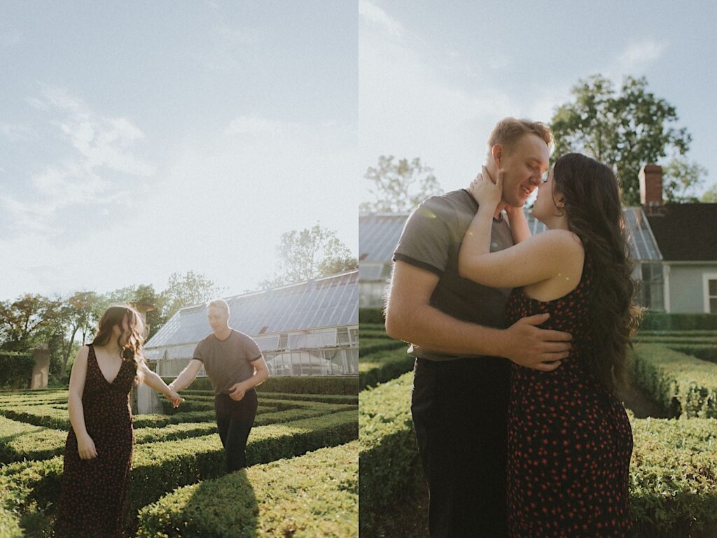 2 photos side by side of a couple in the gardens of Allerton Park, in the left they are holding hands, in the right they are about to kiss