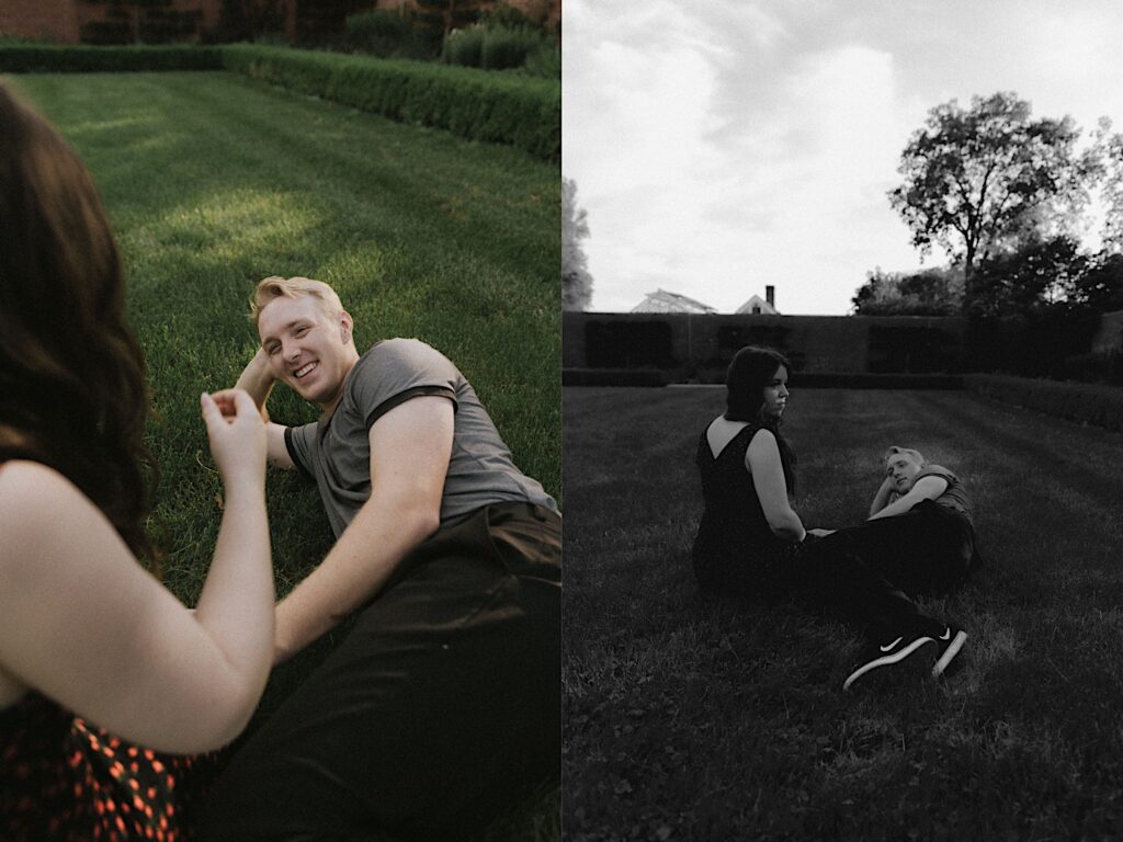 2 photos side by side of a couple sitting and lying with one another in the grass of Allerton Park, the right photo is in black and white