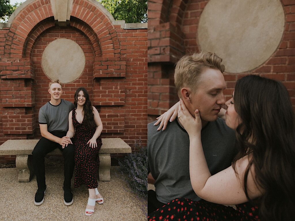 2 photos side by side of a couple seated in front of a brick retaining wall, the left is of them smiling at the camera and the left is of them about to kiss