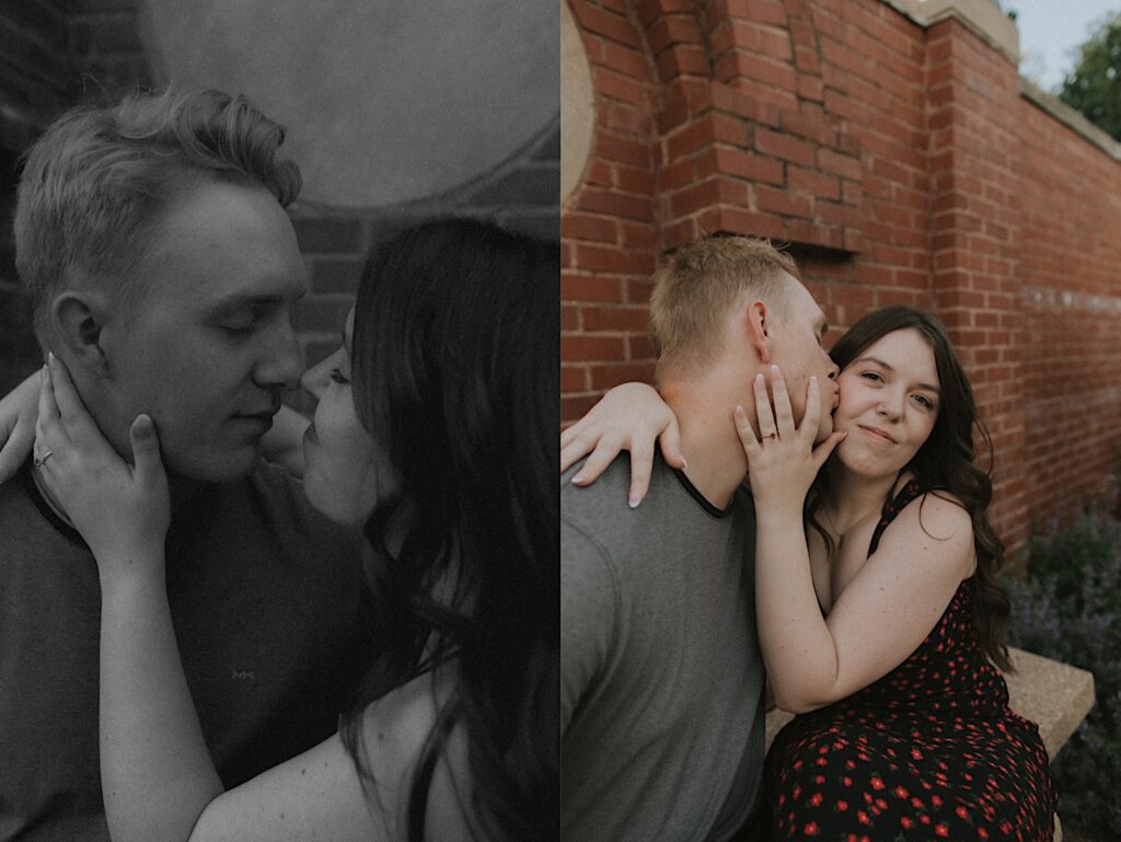 2 photos side by side of a couple sitting in front of a brick wall kissing one another, the left photo is in black and white