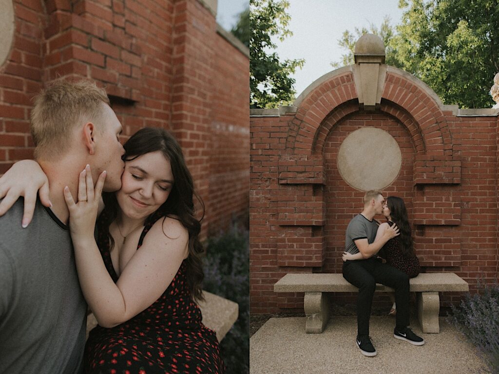 2 photos side by side of a couple sitting on a bench in front of a brick wall, the left is of the man kissing the woman's cheek and the right is of them kissing one another