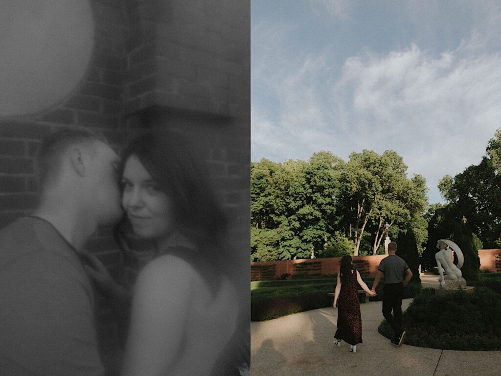 2 photos side by side, the left is a black and white photo of a couple in front of a brick wall the right is of the couple walking through a garden