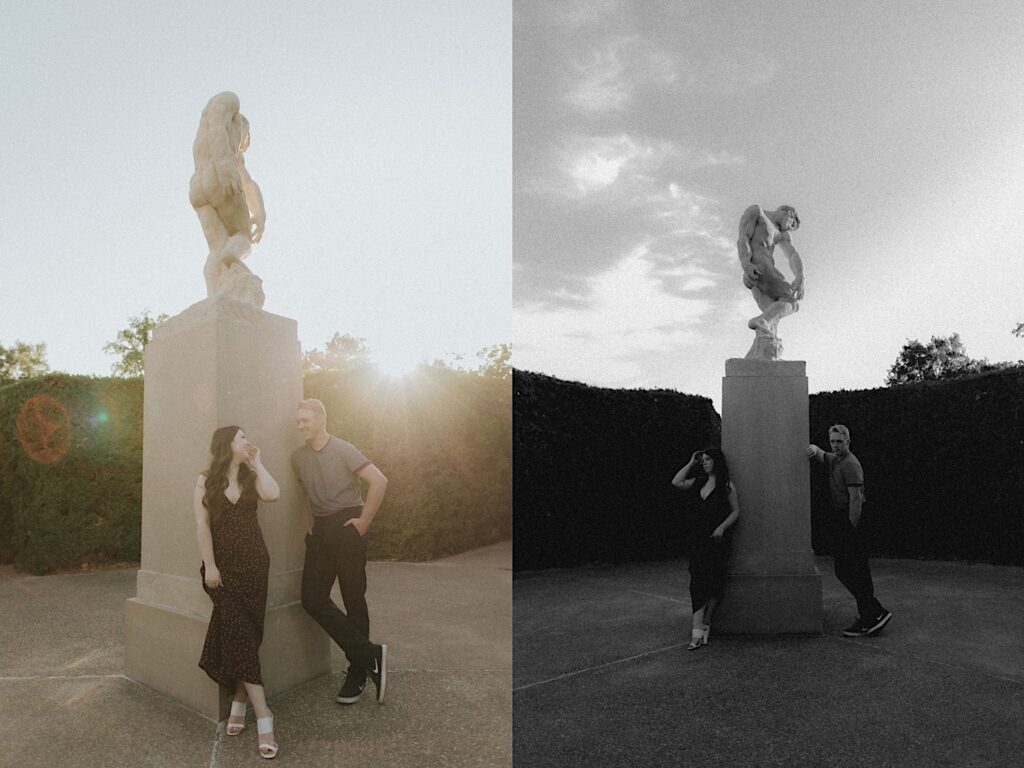 2 photos side by side of a couple posing next to a pillar in Allerton Park, the right photo is in black and white