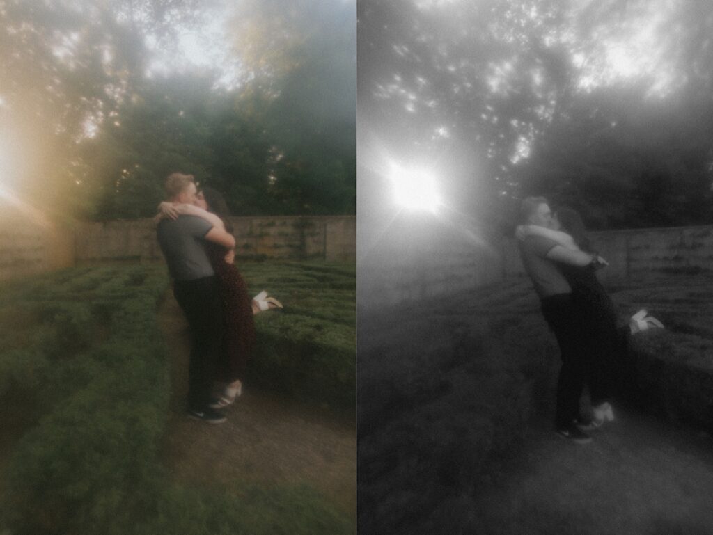 2 photos side by side of a couple kissing one another in the gardens of Allerton Park, the right photo is black and white