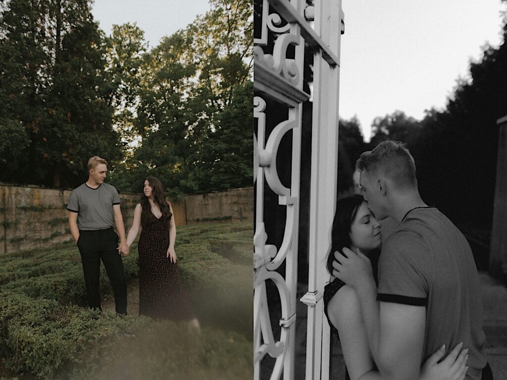 2 photos side by side of a couple in Allerton Park, the left is of them standing in the gardens together and the right is a black and white photo of the man kissing the woman's head