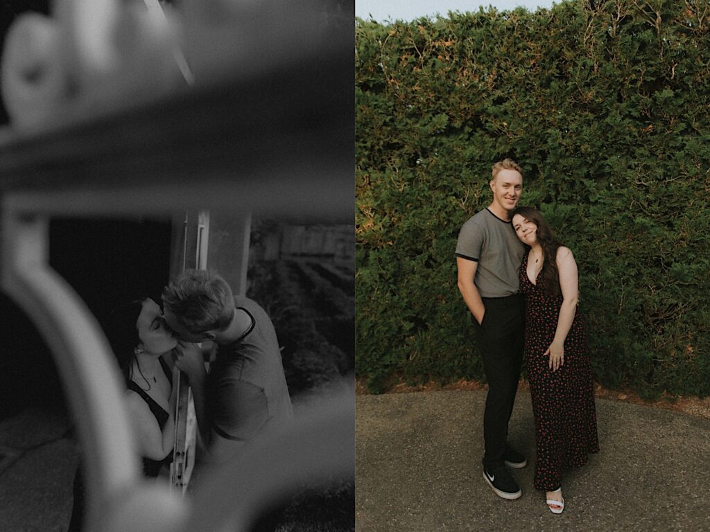 2 photos side by side, the left is a black and white photo of a couple kissing and the right is of the couple standing next to one another and smiling at the camera