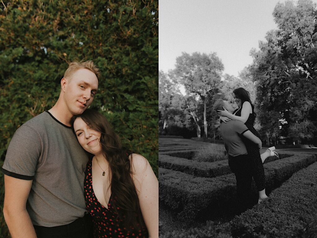 2 photos side by side of a couple, the left is of them smiling at the camera, the right is black and white of them embracing in Allerton Park