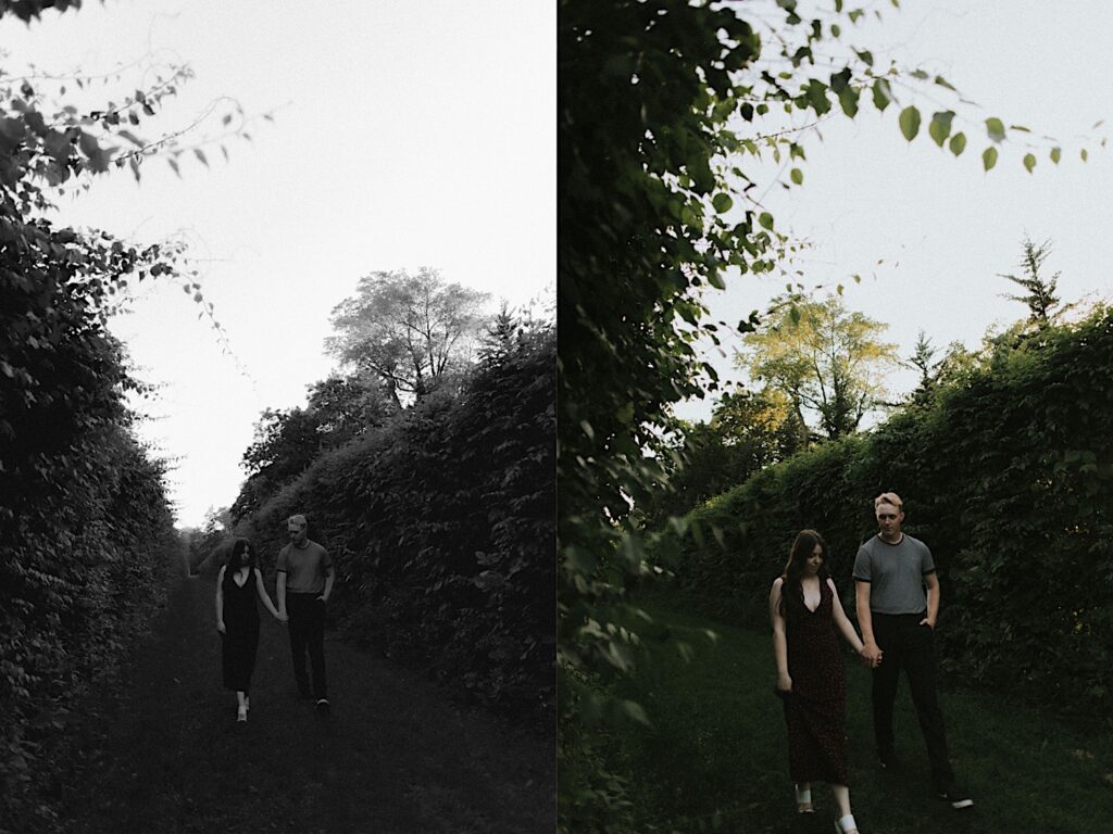 2 photos side by side of a couple walking together and holding hands through the gardens of Allerton Park